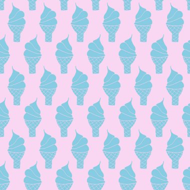 Yumuşak dondurma külahları kusursuz vektör arkaplanı. Pembe arka planda mavi waffle külahı deseni. Kumaş, çocuk dekorasyonu, dondurma dükkanı, ambalaj, yaz partisi için pastel renkte yaz deseni