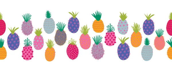 菠萝无缝隙夏季病媒边界。 重复横向彩色图案边框. 手绘抽象异国情调的水果，以卡通涂鸦风格分离。 面料装饰，夏季装饰，脚 — 图库矢量图片