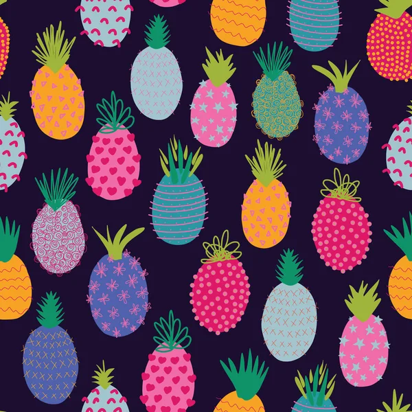 Patrón de piña. Fondo de verano vector inconsútil abstracto colorido. Repite las piñas tropicales en negro. Fruta exótica dibujada a mano aislada en estilo garabato de dibujos animados. Para la tela, decoración de verano — Vector de stock