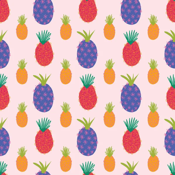 摘要现代菠萝图案。多彩的无缝矢量夏季背景.重复热带菠萝粉红色。手绘异国情调的水果，以卡通涂鸦风格隔离。织物,夏季装饰用 — 图库矢量图片