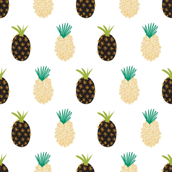 Současný letní ananas bezešvý vektorový vzor. Abstraktní moderní bezešvé pozadí. Opakující se tropické ananas na bílém. Ručně kreslené exotické ovoce izolované v kresleném stylu. — Stockový vektor