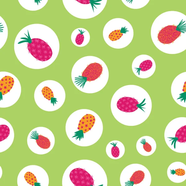 Abstracto verano piñas sin costuras vector de fondo. Patrón repetitivo con lunares fondo verde tropical. Fruta exótica dibujada a mano aislada. Para la tela, decoración de verano, embalaje, niños — Vector de stock