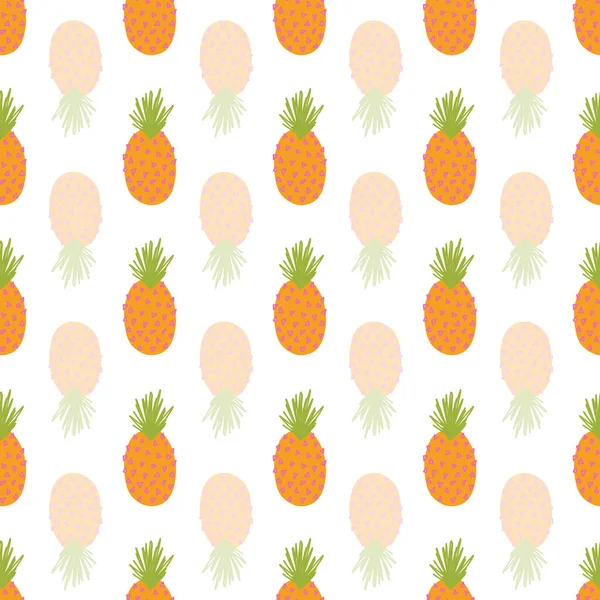 Piña repitiendo fondo vectorial. Patrón de verano sin costuras abstracto. Piñas tropicales espejadas en blanco. Fruta exótica dibujada a mano aislada en estilo garabato de dibujos animados. Para la tela, decoración de verano — Vector de stock