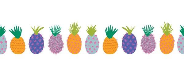 菠萝抽象无缝向量边框.重复横向彩色图案边框.手绘异国情调的水果，以卡通涂鸦风格隔离。很好的面料装饰，夏季装饰，脚 — 图库矢量图片