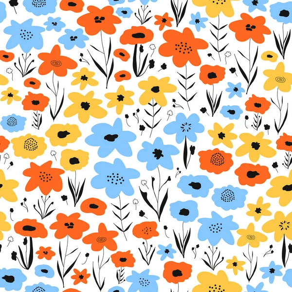 Ditsy flower field seamless vector pattern. Blue orange yellow black floral background. Repeating flower backdrop. Summer or spring nature design. Use for fabric, kids wear, wrapping, surface decor