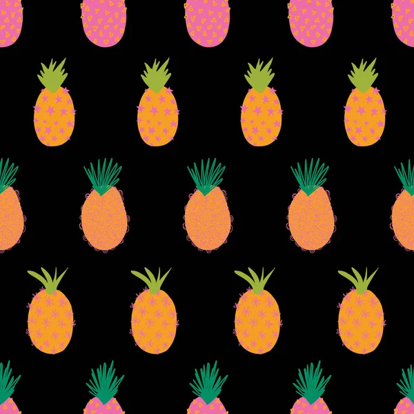 Vector de piñas en negro patrón de repetición sin costuras. Fondo de verano brillante colorido moderno. Piñas tropicales. Frutos exóticos dibujados a mano aislados en estilo garabato de dibujos animados para la tela, decoración de verano — Vector de stock