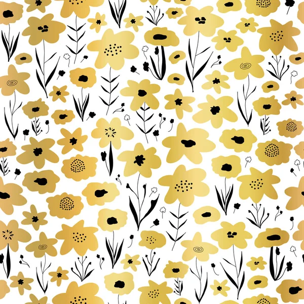 Gouden folie bloem veld naadloze vector patroon. Metallic gouden zwart wit bloemige achtergrond. Herhaal dit bloemige decor. Zomer of lente natuur ontwerp. Gebruik voor elegante verpakking, verpakking — Stockvector