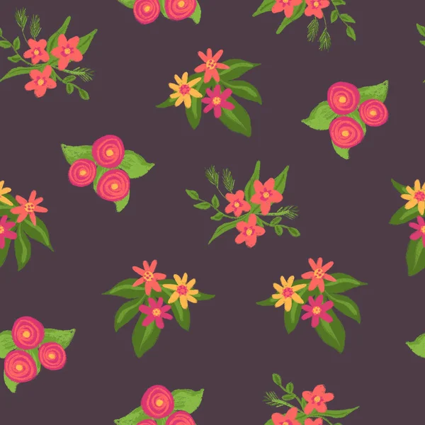 Λουλούδι μπουκέτο χωρίς ραφή μοτίβο. Ροζ κίτρινο πράσινο χέρι επέστησε ditsy floral φόντο. Επαναλάβετε πλακάκια Νάρκισσος, ασφόδελος, Buttercup μωβ. Χειροποίητο ανοιξιάτικο καλοκαιρινό σχέδιο για Πάσχα, ύφασμα, διακόσμηση — Φωτογραφία Αρχείου