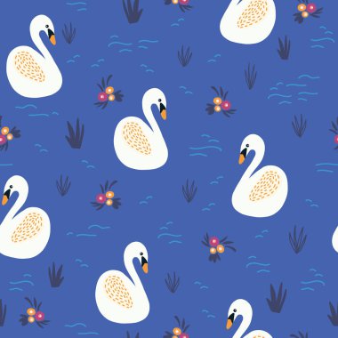 Kuğu Gölü kusursuz vektör deseni. Suyun üzerinde yüzen kuğu kuşları ve çiçek buketleri. İskandinav tarzı. Kumaş, çocuk dekorasyonu, duvar kağıdı, ambalaj, yüzey deseni tasarımı için kullan