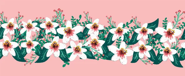 Flor de cerezo flores blancas borde vectorial sin costuras. Flor de Sakura blanca y rosa o cerezo japonés de floración simbólico de primavera sobre patrón de repetición rosa. Para el ajuste de la tela, pie de página, encabezado, boda — Vector de stock