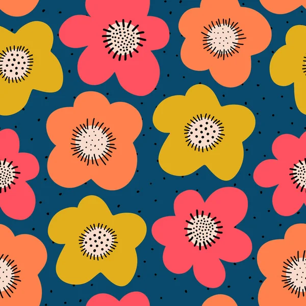 シームレスな花のパターン。太字は北欧フラットスタイルの背景を繰り返す。植物最小限のドードルの花青の背景にピンクの珊瑚オレンジ黄色。ファブリック、家の装飾、夏のために — ストック写真