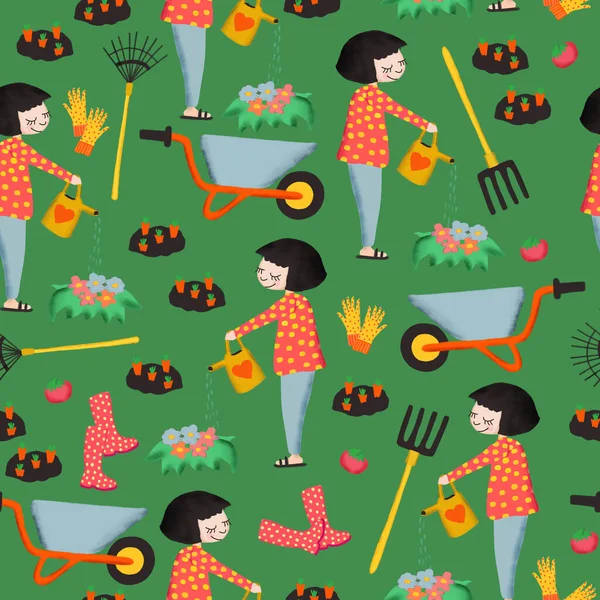 Trädgårdsarbete sömlöst mönster. Kvinna med vattenkanna, blommor, grönsaker, trädgårdsredskap, skottkärra repeterande bakgrund. Användning för vår eller sommar inredning, tyg, förpackning — Stockfoto