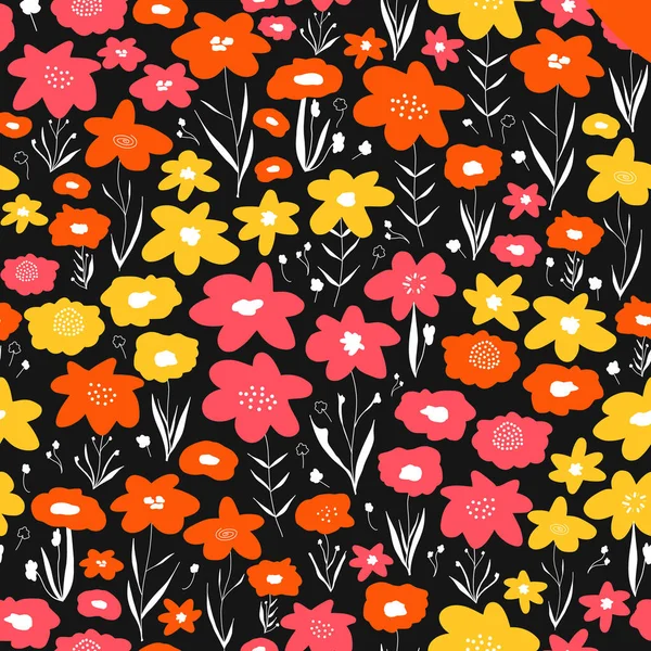 Vektorový vzorec květinové louky. Růžové žluté oranžové květinářství na černém pozadí. Opakující se potrhlá květinová pole. — Stockový vektor