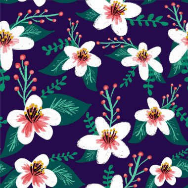 Kusursuz kiraz çiçeği vektör arkaplan deseni. Beyaz ve pembe Sakura çiçekleri ya da Japon çiçekli kiraz çiçekleri mavi arka planda ilkbaharı simgeliyor. Tekstil, ambalaj, kumaş, yüzey dekoru için