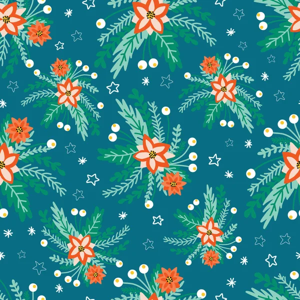 Vecteur sans couture Poinsettia motif de fleurs de Noël sur un fond bleu. Fleurales et feuilles abstraites de style scandinave plat vintage. Design de vacances dessiné à la main pour tissu, emballage cadeau, emballage — Image vectorielle