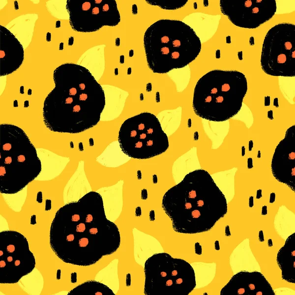 Contemporáneo flores negras y amarillas patrón sin costuras. Florales abstractos sobre fondo naranja. Campo de flores repetitivo ditsy . —  Fotos de Stock