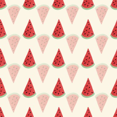 Karpuz, kusursuz vektör desenini keser. El boyası yaz meyveleri arka planda tekrarlanıyor.