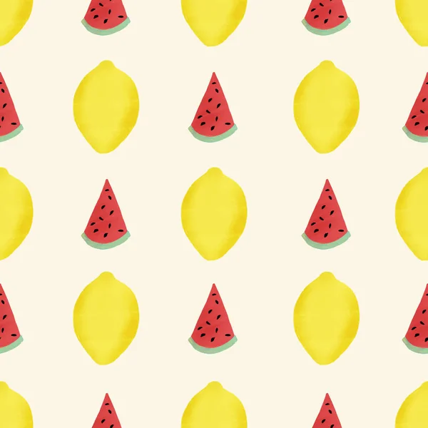 Wassermelonenscheiben und Zitronen nahtlose Vektorhintergrund. Abstrakt bemaltes Sommerfruchtmuster von Hand gezeichnet. Texturierter Vintage-Stil. — Stockvektor