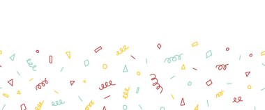 Parti kusursuz vektör sınırını çiziyor. Soyut el çizimi çocuksu şekiller tekrarlayan desenler. Dön, konfeti, kart dekorasyonu, çocuk doğum günü, ayak.