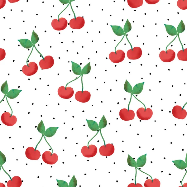 Cherry nahtloses Vektormuster. Handgezeichnete Kirschen auf gepunktetem schwarzem und weißem Hintergrund. Bemalte Sommerfrüchte auf gepunktetem Hintergrund. — Stockvektor