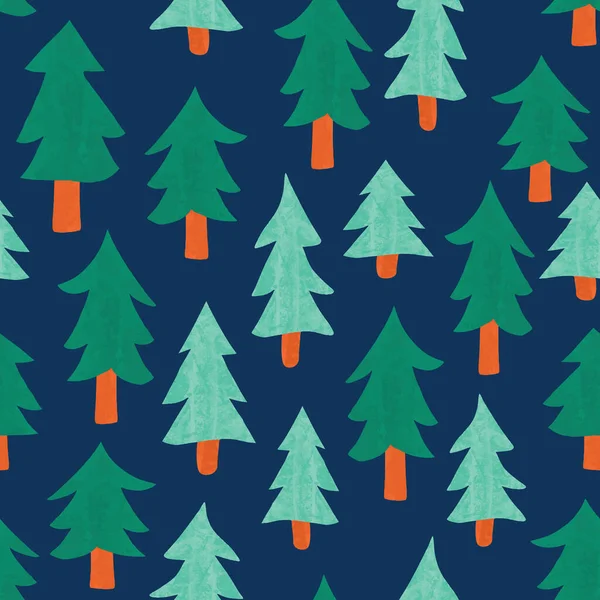 Лес ели бесшовный векторный узор. Повторение фона с помощью абстрактных кипарисованных елок с текстурой на темно-синем фоне . — стоковый вектор
