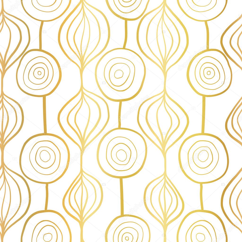 Golden organic shapes seamless vector pattern. Metallic foil hand drawn abstract background. Modern elegant backdrop shiny golden circles on white. For digital paper, celebrations, invite, home decor