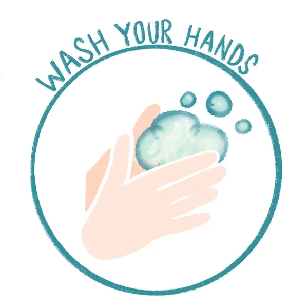 Hand sanitizing wash your hands illustration. COVID 19, corona virus protection. Hand drawn illustration hands and soap bubbles. — Stock Photo, Image