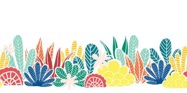 Soyut bitkiler kolajsız vektör sınırı. Modern kaktüs ve tekrar eden şekiller bırakarak kırmızı mavi yeşil yeşil yeşil turuncu beyaz. Soyut yaz bitkileri. Harf dekoru, dipnot, kartlar için