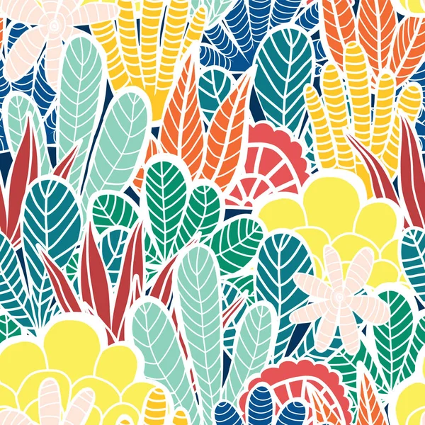 Plantas abstratas colagem fundo vetor sem costura. Moderno cacto e deixar formas padrão vermelho azul teal limão verde amarelo laranja branco. Plantas de verão abstratas. Cenário moderno . — Vetor de Stock