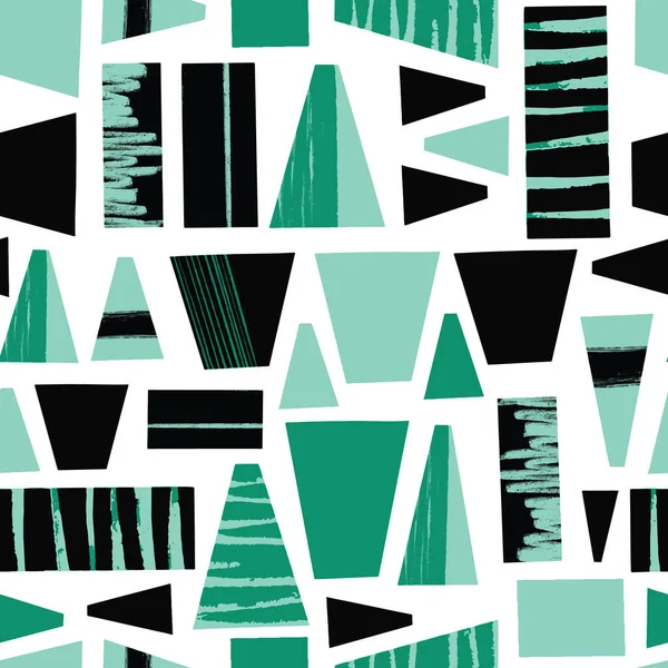 Nahtloser Vektorhintergrund abstrakte schwarze tealgrüne Formen. Geometrischer Stammesstil, der Muster mit Trapezen und Blöcken wiederholt. Modern Art Grunge formt Muster. — Stockvektor