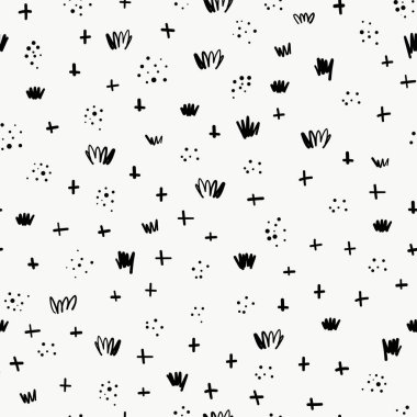 Kusursuz desenli siyah beyaz karalama şekilleri. El çizimi soyut vektör arkaplanı. Tek renkli karalama karalamaları. Kumaş, ambalaj, pankart, yüzey deseni tasarımı için yinelenen doku