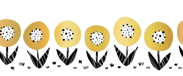 Nahtlose Goldfolie Blumen Vektorrand. Niedliche metallische goldene Blüten wiederholen Muster. Botanische minimalistische Doodle-Blüten glänzen golden schwarz auf weiß in einer horizontalen Reihe. — Stockvektor