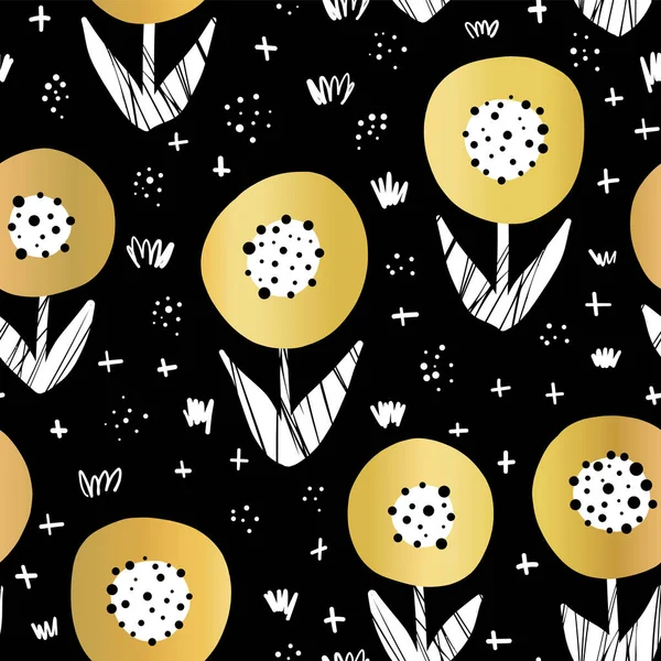 シームレスゴールド箔花ベクトルパターン。黒の繰り返しパターン上の金属光沢のある黄金の花。植物最小限のドアの花。優雅な背景. — ストックベクタ