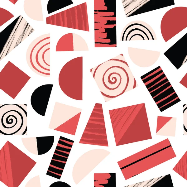 Geometrische Formen rosa rot schwarz nahtlose Vektormuster. Abstrakte Dreiecke Trapez blockiert Halbkreise wiederholen Hintergrund. Modern Art Grunge formt Muster. Modernes feminines Design. — Stockvektor