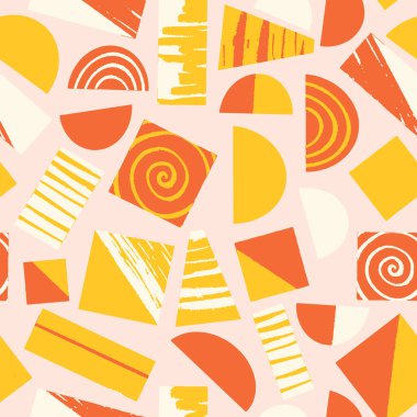 Pembe, pürüzsüz vektör deseninde soyut şekiller sarı turuncu beyaz. Geometrik üçgenler, trapezoidler arka planda tekrarlanan yarım daireleri engeller. Modern sanat grunge deseni şekillendirir. Modern yaz tasarımı.