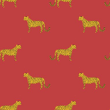 Vahşi kediler kusursuz vektör deseni. Leoparlar, jaguarlar ve çitalar arka planı tekrarlıyorlar. Kırmızı arka planda vahşi Afrika hayvanları. Vahşi kediler tasarımı tekrarlıyor.