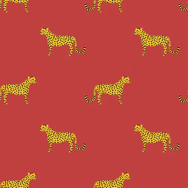 Gatos salvajes patrón de vectores sin costuras. Leopardos, jaguar y guepardo repitiendo antecedentes. Animales salvajes africanos sobre un fondo rojo. Gatos salvajes que repiten diseño . — Vector de stock