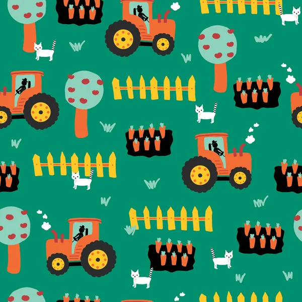 Schattig boerderijpatroon met tractoren, wortelen, hekken, appelbomen en katten. Herhaal naadloze vectorachtergrond voor kinderen. Landbouwpatroon voor inpakpapier, stof, kinderdecor, kinderkleding — Stockvector