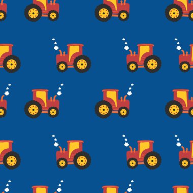 Traktör çocuk modeli. Mavi üzerinde kusursuz vektör arkaplan traktörleri. 