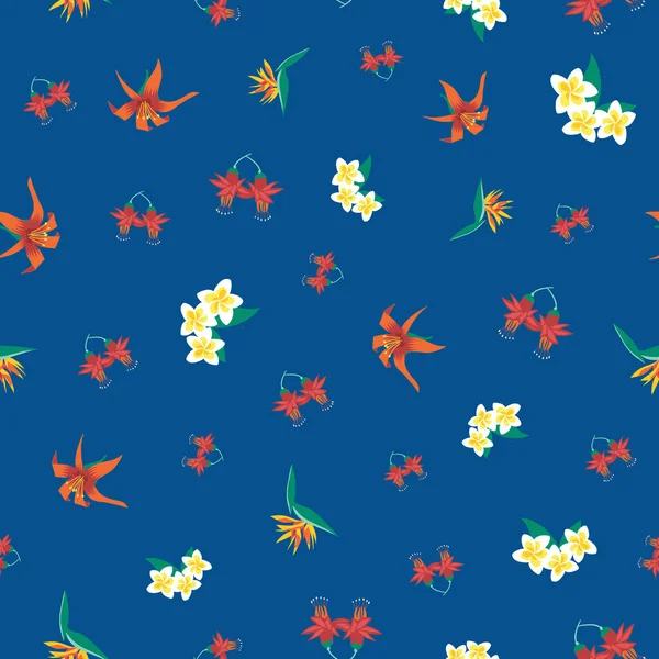 Florales tropicales en el patrón de vectores sin costura azul. Repetir flores exóticas de fondo . — Archivo Imágenes Vectoriales