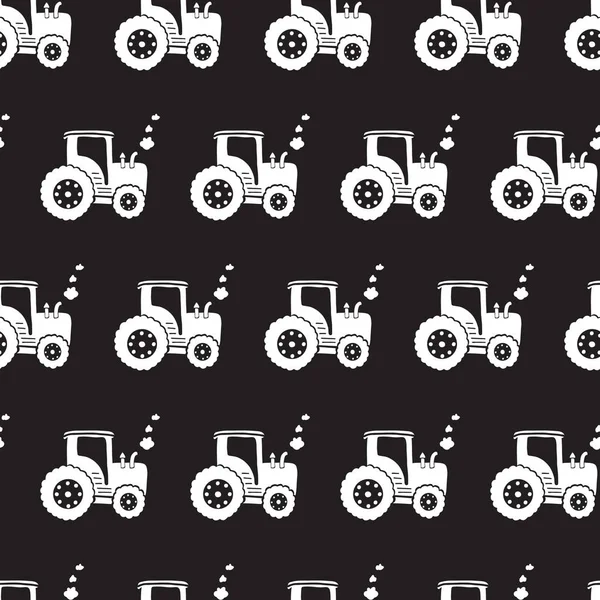 Tractores blancos en el patrón de vectores sin costura negro. Tractores de fondo repetitivos. Diseño de la agricultura monocromática — Archivo Imágenes Vectoriales
