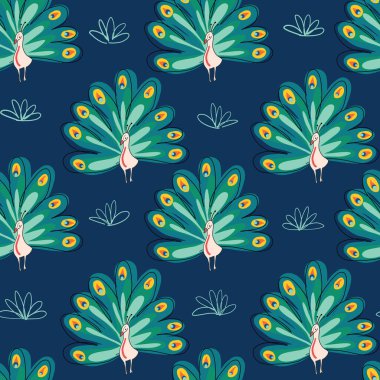 Tavuskuşu kusursuz vektör deseni. Mavi arka planda kuşlar. Paket kağıdı, kumaş, duvar kağıdı, ev dekorasyonu için tekrarlanan tasarım.