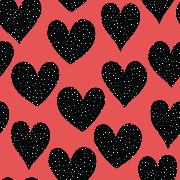 Gepunktete Pudelherzen schwarz und weiß auf rotem, nahtlosem Vektormuster. Handgezeichnete niedliche Herzformen wiederholen Hintergrund. Illustration zum Valentinstag. Verwendung für Verpackung, Verpackung, Kinderstoff, Hochzeit — Stockvektor
