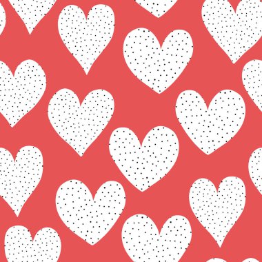 Kusursuz desenli, kırmızı arkaplanda siyah noktalar olan beyaz karalama kalpler. El çizimi sevimli kalp, sevgililer günü illüstrasyonunu tekrarlıyor. Paketleme, paketleme, çocuk kumaşı, düğün