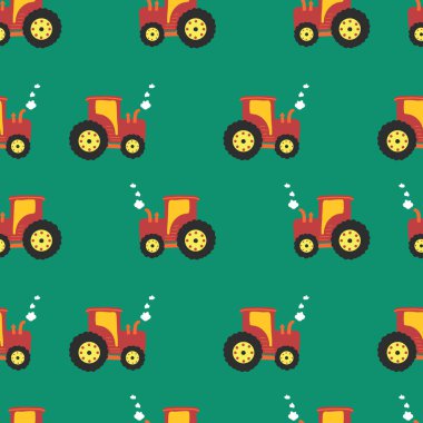 Vektör desenli çekici. Tekrarlayan çocuk geçmişi. Yeşil üzerinde kusursuz vektör arkaplan traktörleri. 