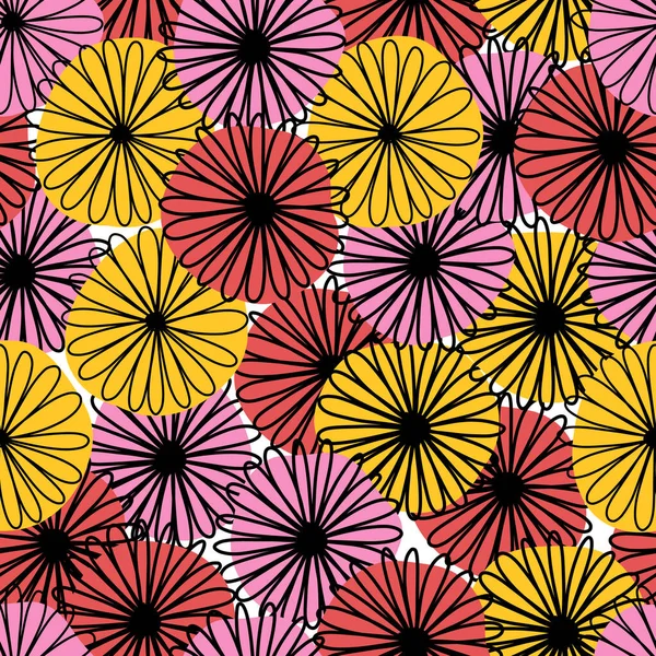 Wiederholung abstrakter Blumenvektormuster. Kühne Blümchen rot gelb rosa mit schwarzen Linien, die sich im Hintergrund wiederholen. Botanische minimalistische Kritzelblumen säumen den Kunststil. Für Stoff, Wohnkultur — Stockvektor