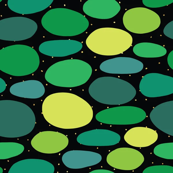 Безшовна зелена органічна точка формує векторний фон. Повторювані векторні візерунки зелені кола на металевому золотистому плямистому чорному тлі. Колаж стилю паперу. Для тканини, обгортання, декору — стоковий вектор