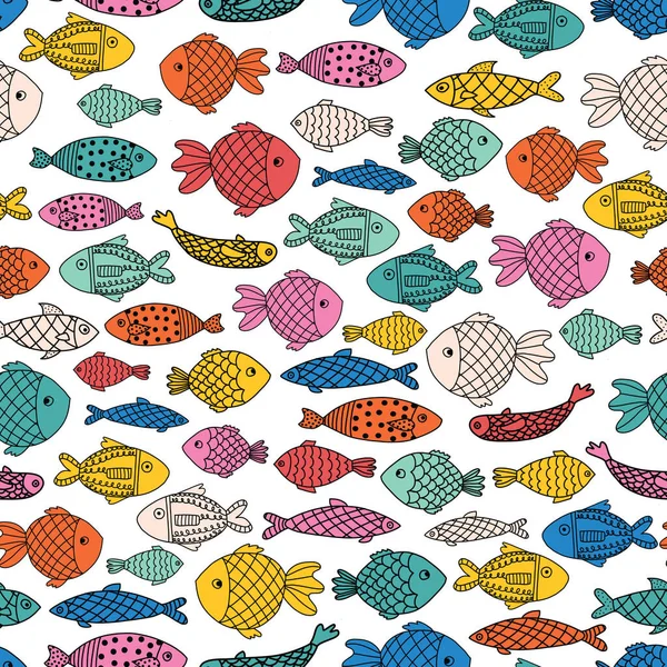 Fiskar sömlös vektor bakgrund. Färgglada havsdjur mönster för barn. Linje konst klotter stil undervattens illustration. Användning för tyg, barn slitage, inredning, inslagning, förpackning — Stock vektor