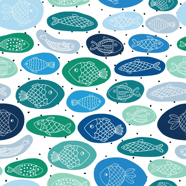 Seamless vector kids pattern fishes in blue and green bubbles. Marine children summer background on polka dots. Repeating ocean animal pattern. Line art doodle underwater design for fabric, kids wear — Stock Vector
