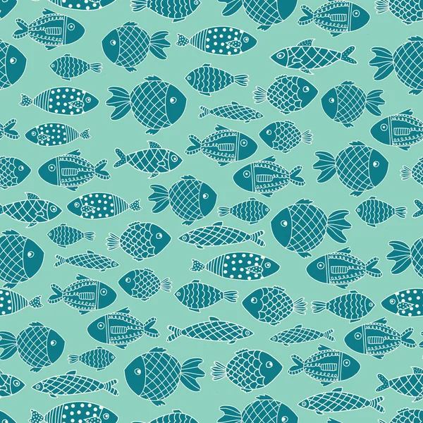 Рыбы бесшовный векторный рисунок. Синие каракули линии искусства животных океана повторяющиеся фон. Летний узор морских детей. Например, детская одежда, детский декор — стоковый вектор